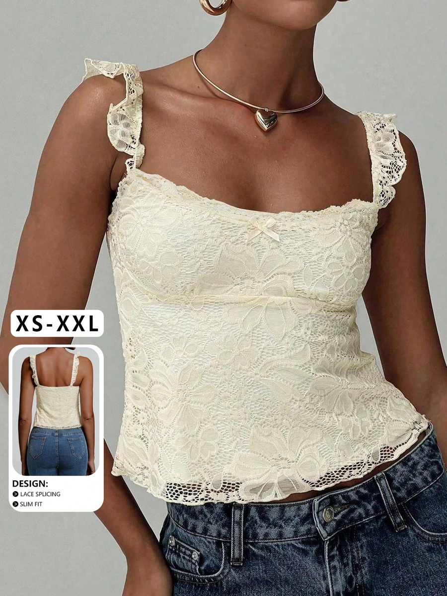Sexy Girl Lace Design Ruffle Strap Bow Decor Lace Patchwork Sleeveless Tank Top, Spring/Summer New Arrival - Yellow - View 1