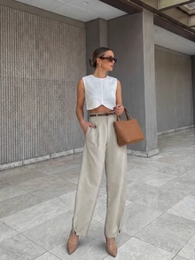 Women's Khaki High Waist Wide Leg Pants, Casual Pleated Hem Trousers, Elegant For Office, Work, Daily Wear, Vacation, Spring/Summer - Light Khaki - View 3