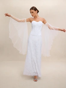 Etoivie 2 chiếc tay áo cô dâu màu trắng xếp ly, thích hợp cho đám cưới, tiệc tùng và chụp ảnh du lịch. - trắng - Xem 1