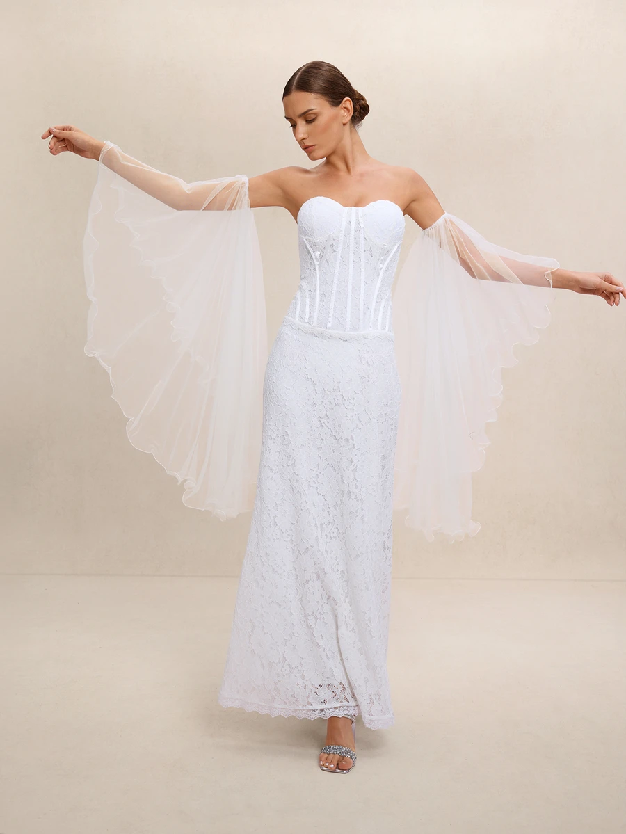 Etoivie 2 chiếc tay áo cô dâu màu trắng xếp ly, thích hợp cho đám cưới, tiệc tùng và chụp ảnh du lịch. - trắng - Xem 1