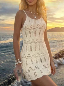 Women's Summer Bohemian Beach Vacation Dress, Colorblock Hollow-Out Knit Camisole Dress