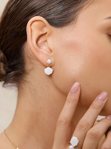 Etoivie 1pc Shell Bead Necklace, Ring, Earrings Set For Women, Ideal As Gift, New Lock Collarbone Chain - Gold - View 2