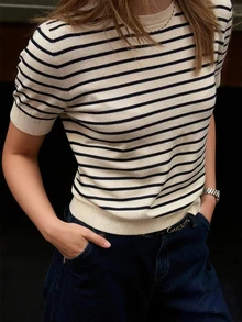 FOR BEAUTY 女士春夏条纹圆领短袖针织衫，新款休闲简约舒适宽松套头衫，时尚优雅，适合日常穿着 - 彩色 - 查看 3