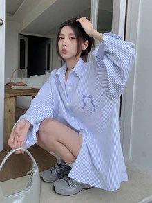 Women's Blue & White Striped Bowknot Blouse, Loose Fit Lightweight Long Sleeve Shirt, Autumn/Winter - Blue - View 1