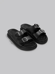 DareSee Damen Runde Zehenkappe Doppel-Schnallen-Riemen Plateau Schwarz Slide Sandalen, rutschfeste Casual Hausschuhe für Innen geeignet, Strandurlaub, Große Größen, modisch vielseitig für Musikfestivals - Schwarz - Übersicht 1