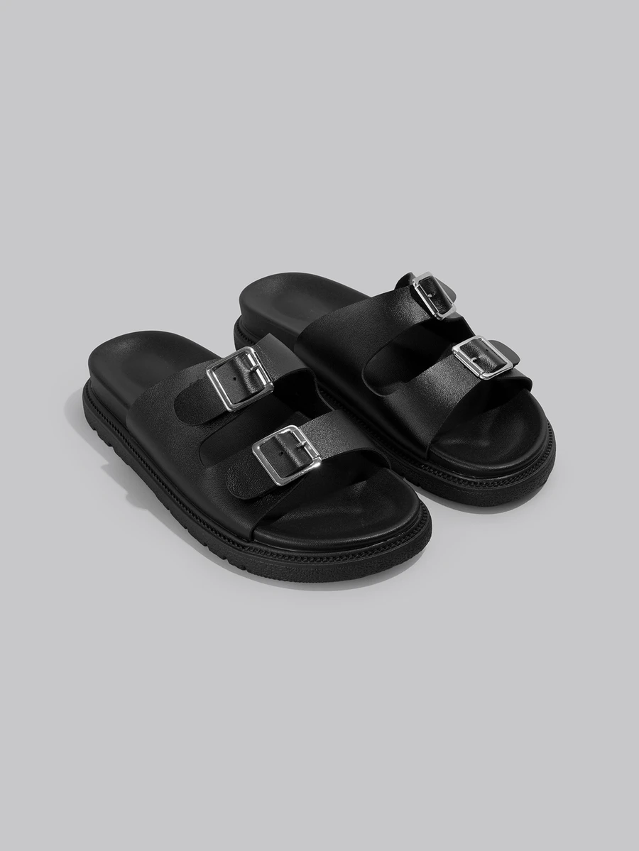 DareSee Damen Runde Zehenkappe Doppel-Schnallen-Riemen Plateau Schwarz Slide Sandalen, rutschfeste Casual Hausschuhe für Innen geeignet, Strandurlaub, Große Größen, modisch vielseitig für Musikfestivals - Schwarz - Übersicht 1