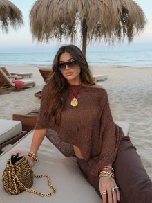 Women's Y2K Style Brown Knit Open Shoulder Top, Comfortable Loose Fit, Bohemian Sexy Beach Vacation Wear Summer - Red Coffee - View 3