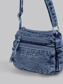 DareSee 1个女士休闲牛仔斜挎包，多拉链封口小方包，多口袋休闲单肩包，适合日常使用，经典牛仔风格，刺绣字母装饰，迷你斜挎包是送给想要轻便便捷包包的女孩的最佳礼物。音乐节 - 藍色 - 查看 6
