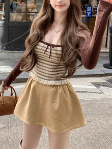 2pcs/Set Women Casual Striped Camisole & Cardigan Sweater Set, Cute For Christmas & New Year, Suitable For Outings, Dates, Afternoon Tea, Spring - Brown - View 2