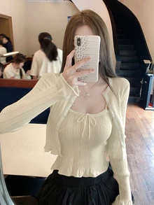 两件套性感针织吊带背心配蕾丝边和系带开衫，高品质春夏套装，适合新年、外出、通勤、约会等场合。 - 杏色 - 查看 2