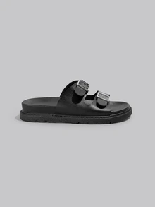 DareSee Damen Runde Zehenkappe Doppel-Schnallen-Riemen Plateau Schwarz Slide Sandalen, rutschfeste Casual Hausschuhe für Innen geeignet, Strandurlaub, Große Größen, modisch vielseitig für Musikfestivals - Schwarz - Übersicht 3