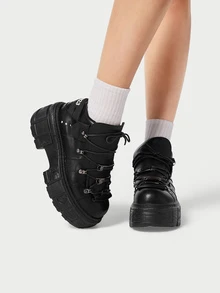 DareSee Fall/Winter Women's Platform Sneakers With Lace-Up Round Toe, Punk Style Casual Shoes - Black - View 1