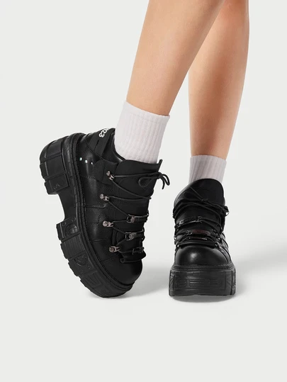 DareSee Fall/Winter Women's Platform Sneakers With Lace-Up Round Toe, Punk Style Casual Shoes