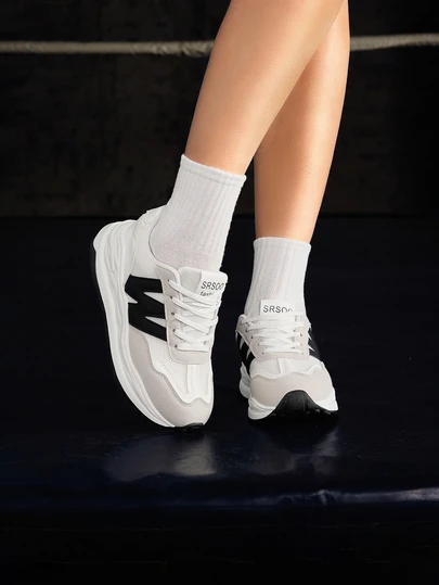 DareSee 秋冬女士运动坡跟运动鞋，拼色字母贴片装饰系带运动鞋