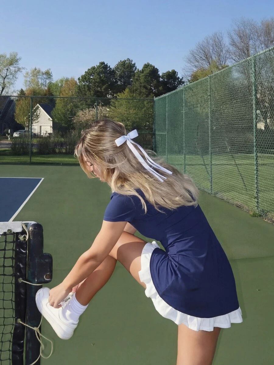 女士方领修身街头风通勤休闲运动连衣裙，春夏款 - 藏蓝色 - 查看 1