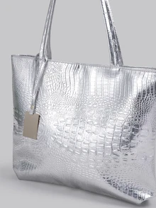 DareSee Large Capacity One Shoulder PU Tote Bag, Crocodile Print Fashion Women's Commuter Handbag, Cross-Border EU/US Style Versatile Backpack[Random Crocodile Print] - Silver - View 6