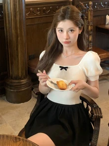 优雅返校甜美时尚焕新泡泡袖方领短袖T恤女夏季新款性感短款蝴蝶结上衣 - 杏色 - 查看 1