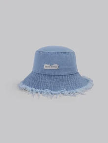 DareSee 1pc Ladies' Fringed Washed Denim Bucket Hat, Suitable For Daily Life, Greatly Matches Clothes Street - Baby Blue - View 1