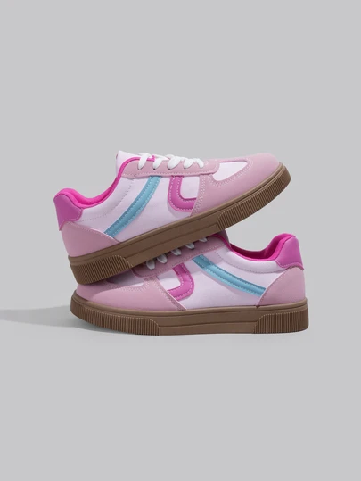 DareSee Women's Round Toe Lace-Up Contrast Color Flat Sneakers, Spring/Autumn Campus Style Fabric Trainer Shoes