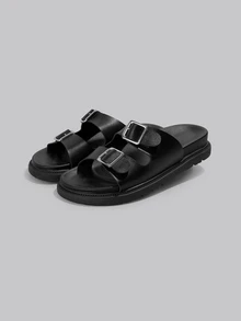 DareSee Damen Runde Zehenkappe Doppel-Schnallen-Riemen Plateau Schwarz Slide Sandalen, rutschfeste Casual Hausschuhe für Innen geeignet, Strandurlaub, Große Größen, modisch vielseitig für Musikfestivals - Schwarz - Übersicht 2