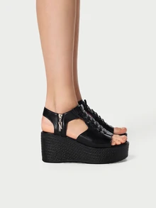 DareSee 女士夏季凉鞋，时尚个性化露趾编织侧拉链露趾黑色凉鞋，舒适百搭沙滩凉鞋，休闲复古风格，适合室内外穿着，优雅女士厚底坡跟凉鞋 - 黑色 - 查看 2