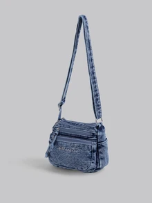 DareSee 1个女士休闲牛仔斜挎包，多拉链封口小方包，多口袋休闲单肩包，适合日常使用，经典牛仔风格，刺绣字母装饰，迷你斜挎包是送给想要轻便便捷包包的女孩的最佳礼物。音乐节 - 藍色 - 查看 2