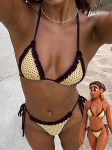 Women's Bikini Swimsuit, Cute Bohemian Style Printed Polka Dot & Striped Built-In Bra Swimwear, Suitable For Vacation, Beach, Pool And Casual Wear, Autumn/Winter, Valentine's Day, Christmas, New Year Party, And 2026 Spring/Summer Beach Outfit - Yellow-brown - View 1