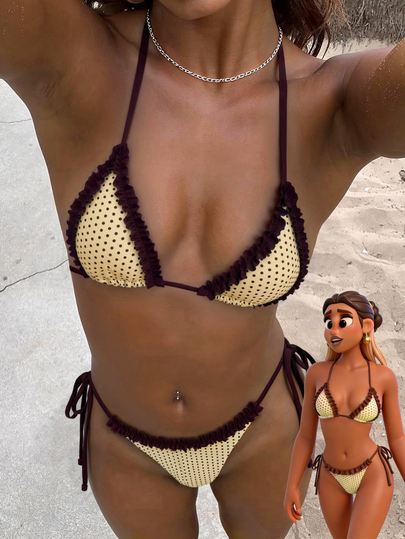 Women's Bikini Swimsuit, Cute Bohemian Style Printed Polka Dot & Striped Built-In Bra Swimwear, Suitable For Vacation, Beach, Pool And Casual Wear, Autumn/Winter, Valentine's Day, Christmas, New Year Party, And 2026 Spring/Summer Beach Outfit