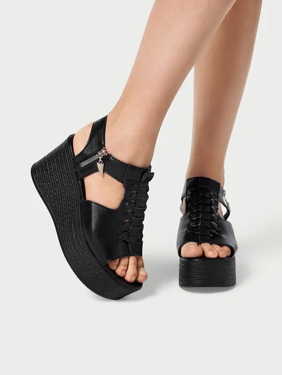 DareSee 女士夏季凉鞋，时尚个性化露趾编织侧拉链露趾黑色凉鞋，舒适百搭沙滩凉鞋，休闲复古风格，适合室内外穿着，优雅女士厚底坡跟凉鞋