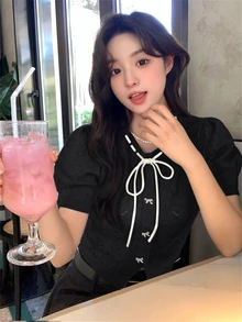 优雅时尚短款开衫，纹理针织，正面系带，短袖，适合上学、度假、通勤和约会，春夏季 - 黑色 - 查看 2