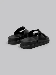 DareSee Damen Runde Zehenkappe Doppel-Schnallen-Riemen Plateau Schwarz Slide Sandalen, rutschfeste Casual Hausschuhe für Innen geeignet, Strandurlaub, Große Größen, modisch vielseitig für Musikfestivals - Schwarz - Übersicht 4