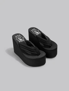 DareSee 时尚舒适的女士高跟厚底凉鞋，夏季音乐节拖鞋 - 黑色 - 查看 1