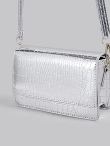 DareSee Mini Metallic Crocodile Embossed Flap Square Bag Silver , Funky, Punk & Bag For Street Wear - Silver - View 6