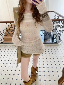 Áo khoác dệt kim tay dài hở vai kiểu Hàn Quốc thu đông mới, chất liệu mỏng nhẹ, hơi trong suốt, thích hợp cho nữ, đi chơi và hẹn hò mùa xuân. - Màu be - Xem 1