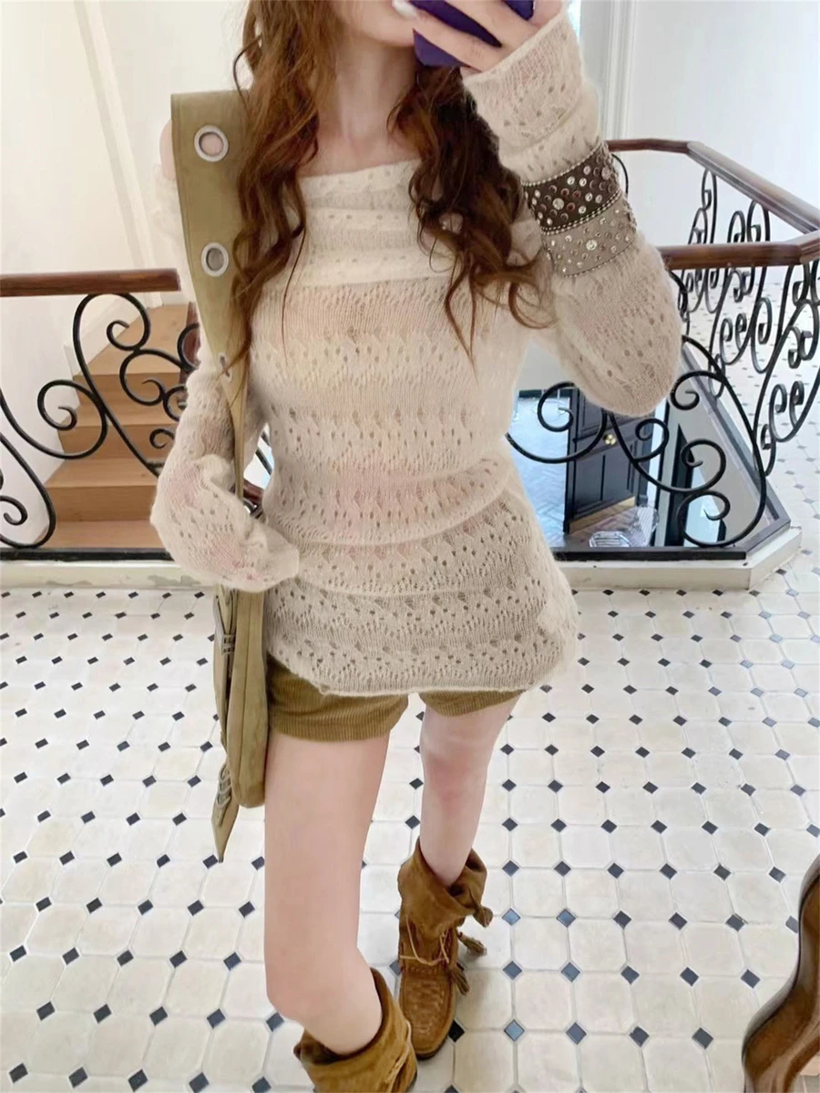 Áo khoác dệt kim tay dài hở vai kiểu Hàn Quốc thu đông mới, chất liệu mỏng nhẹ, hơi trong suốt, thích hợp cho nữ, đi chơi và hẹn hò mùa xuân. - Màu be - Xem 1