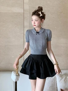 可爱温顺蝴蝶结领薄针织短袖上衣，女款优雅甜美学院风T恤，修身夏季纹理套头衫 - 灰色 - 查看 2