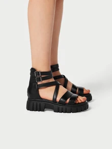 2025 Summer Women's Fashion Roman Sandals With Zipper Back, Hollow Out Versatile Comfortable Sandals - Black - View 2