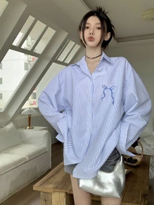 Women's Blue & White Striped Bowknot Blouse, Loose Fit Lightweight Long Sleeve Shirt, Autumn/Winter - Blue - View 2