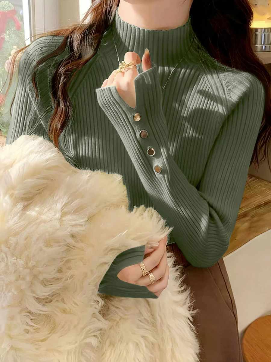 Women's Khaki Turtleneck Sweater, Metal Button Decor, Warm Knit Top For Layering, Suitable For Commute And Daily Wear, Autumn/Winter - Green - View 1