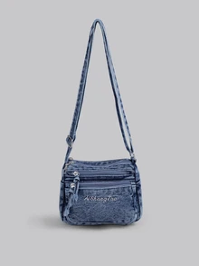 DareSee 1个女士休闲牛仔斜挎包，多拉链封口小方包，多口袋休闲单肩包，适合日常使用，经典牛仔风格，刺绣字母装饰，迷你斜挎包是送给想要轻便便捷包包的女孩的最佳礼物。音乐节 - 藍色 - 查看 1