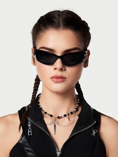 DareSee 1 件男女通用原创嘻哈复古小骷髅头西海岸风格老派暗黑哥特朋克佩斯利花西部牛仔硬核小方形酷黑色装饰眼镜（含眼镜带和眼镜盒）适合夏季海滩度假、户外、旅行