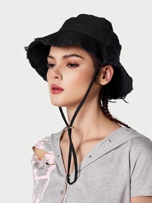 DareSee 1pc Women's Drawstring Fur Edge Bucket Hat Soft Fabric Windproof Sunshade Outdoor Fashion Elegant Gift Christmas - Multicolor - View 2