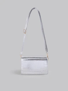 DareSee Mini Metallic Crocodile Embossed Flap Square Bag Silver , Funky, Punk & Bag For Street Wear - Silver - View 1