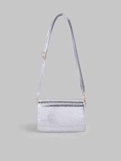 DareSee Mini Metallic Crocodile Embossed Flap Square Bag Silver , Funky, Punk & Bag For Street Wear Music Fest Halloween