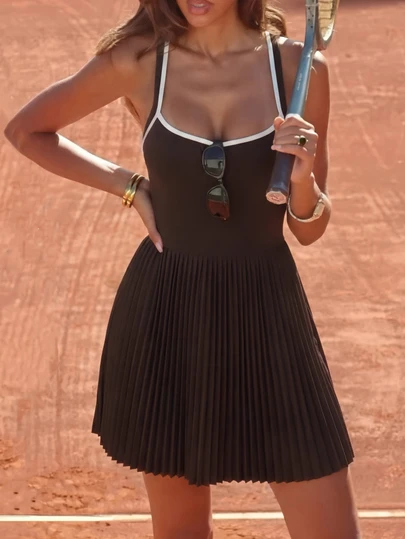 女士A字方领修身休闲/运动风中长连衣裙，街头风，适合通勤，春夏款