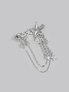 DareSee 1pc Couple's Fashionable Star Shaped Rhinestone Tassel Hollow Out Luxurious Chain Brooch Pin For Suit, Shirt - Silver - View 4