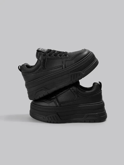 DareSee Giày thể thao đế cao dành cho nữ, kiểu dáng casual, buộc dây, màu trơn, in chữ, màu đen, phù hợp cho mọi mùa, lễ hội âm nhạc.