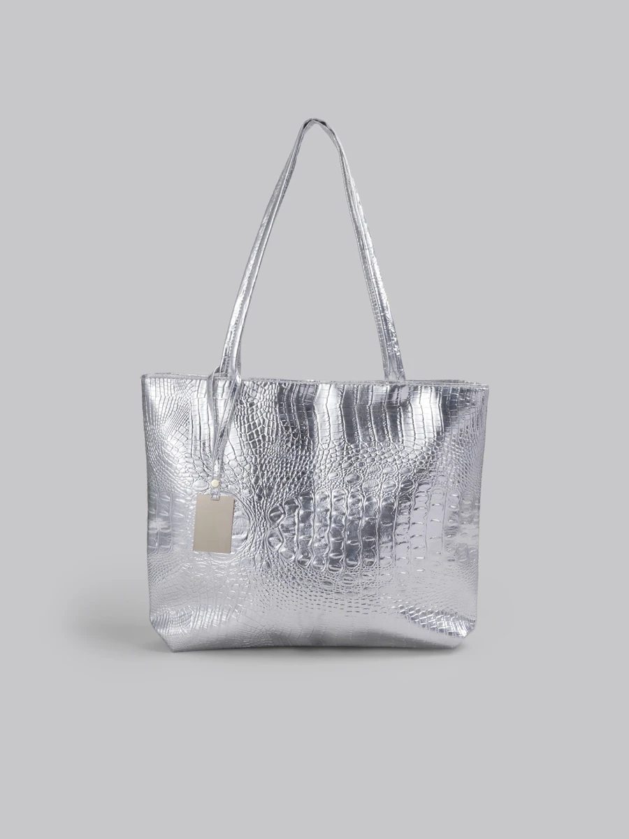 DareSee Large Capacity One Shoulder PU Tote Bag, Crocodile Print Fashion Women's Commuter Handbag, Cross-Border EU/US Style Versatile Backpack[Random Crocodile Print] - Silver - View 1