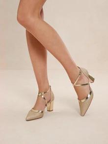 Etoivie 女士金色带尖头时尚高跟凉鞋，适合秋冬季 - 金色 - 查看 3