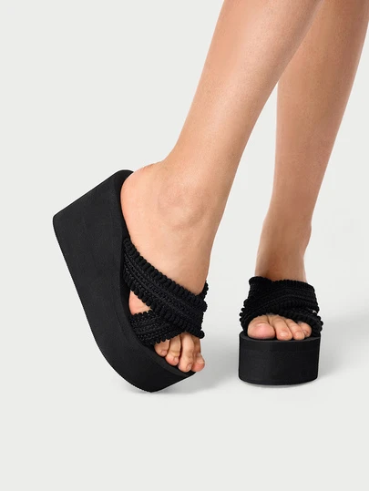 DareSee Women's Black Peep Toe Casual High Heel Sandals With Cute Pompom Decor, Thick Heel Platform Wedge Design For Outdoor, Holiday, Party